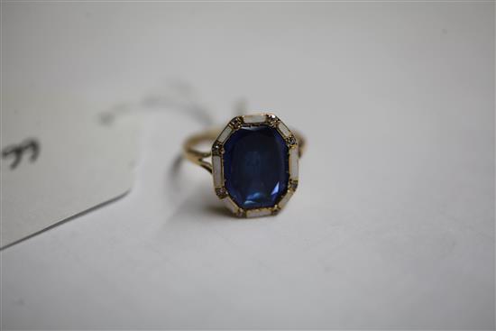 An attractive, gold, sapphire diamond and white enamel dress ring, size N